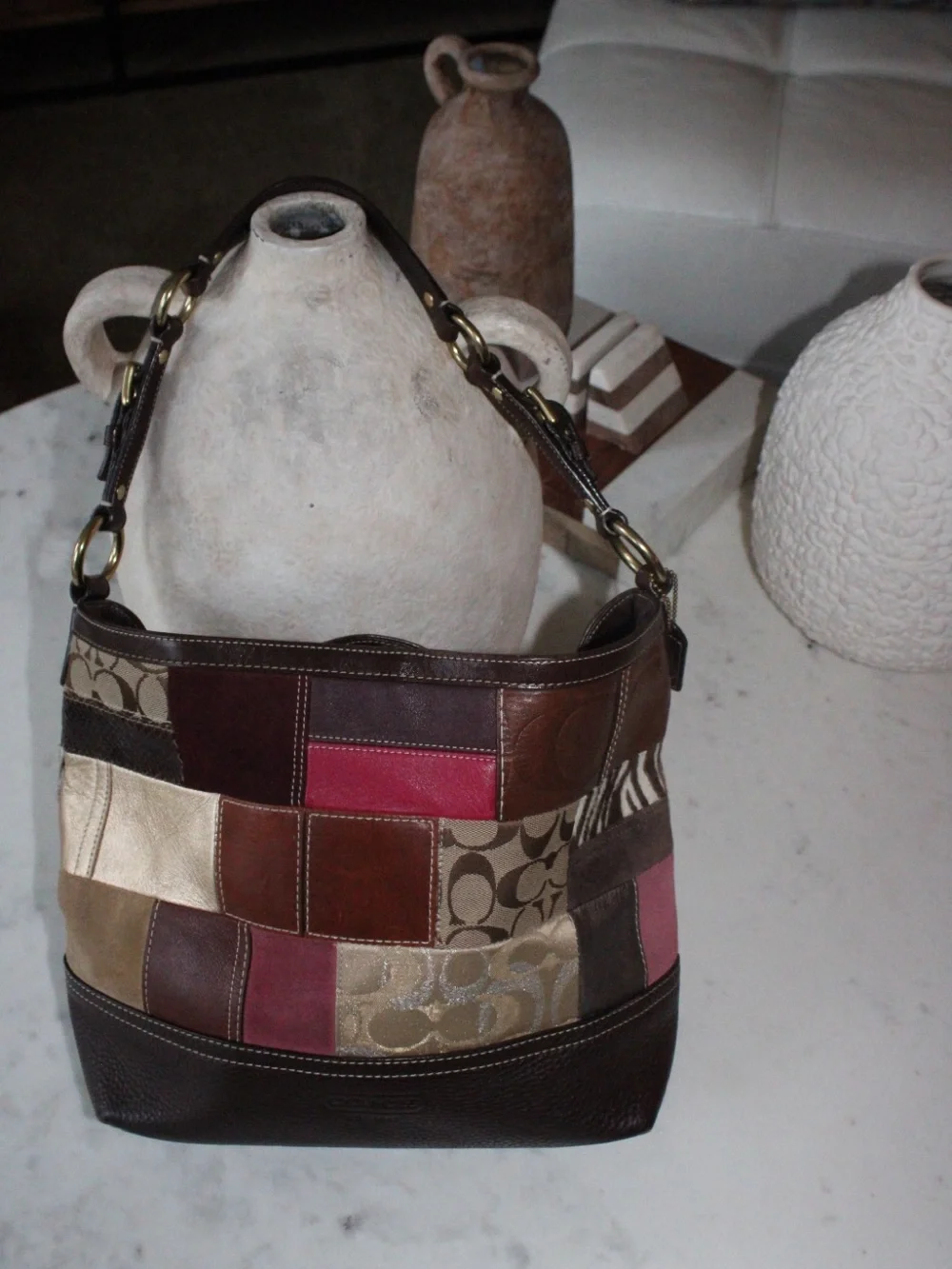 Coach Brown Patchwork Signature Canvas & Leather Shoulder Bag with Gold Hardware